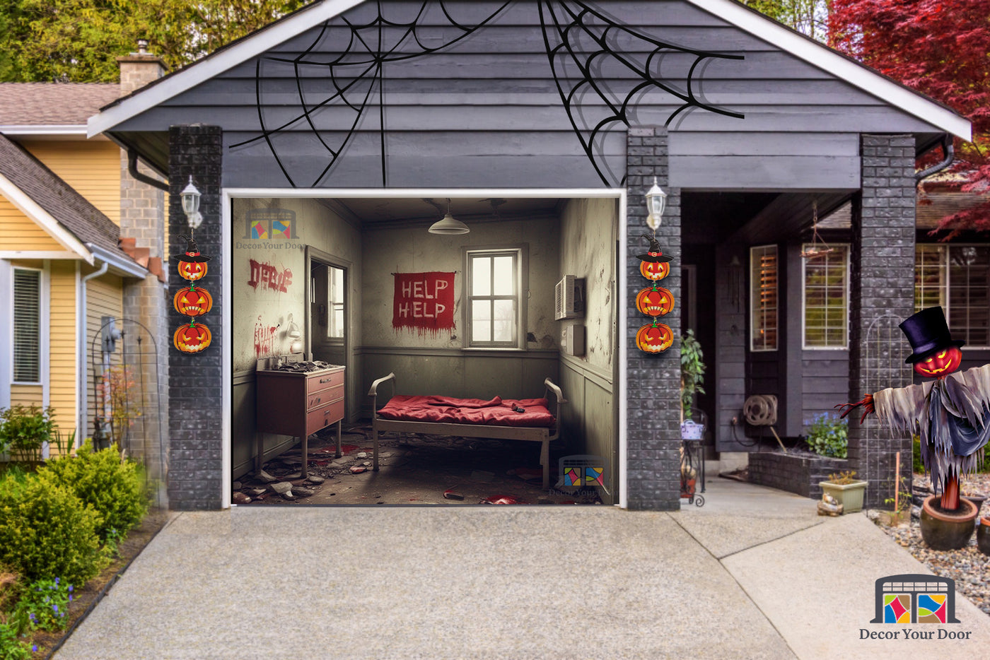 Eerie Abandoned Room and "Help" Garage Door Cover Banner Wrap - Decor Your Door