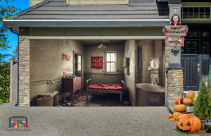 Habitación abandonada y misteriosa y pancarta para puerta de garaje con el mensaje "Ayuda" - Decora tu puerta