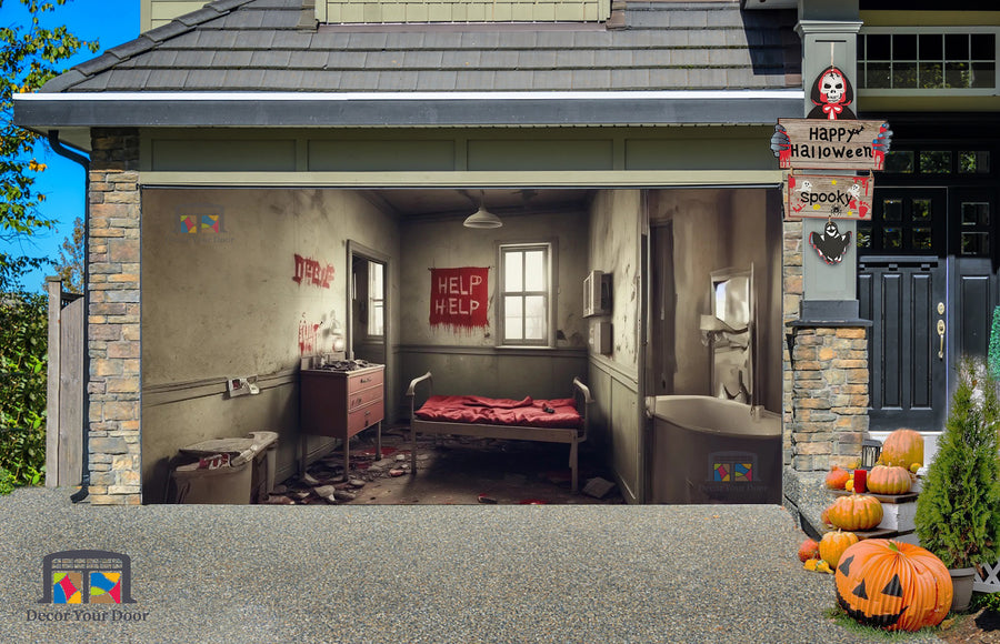 Habitación abandonada y misteriosa y pancarta para puerta de garaje con el mensaje "Ayuda" - Decora tu puerta