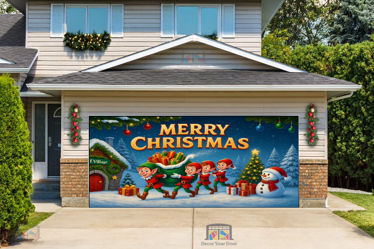 Elf Village Express – Christmas Garage Door Cover