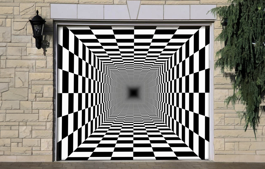 Vinilo para puerta de garaje con ilusión óptica de perspectiva en blanco y negro con patrón de tablero de ajedrez sin fin