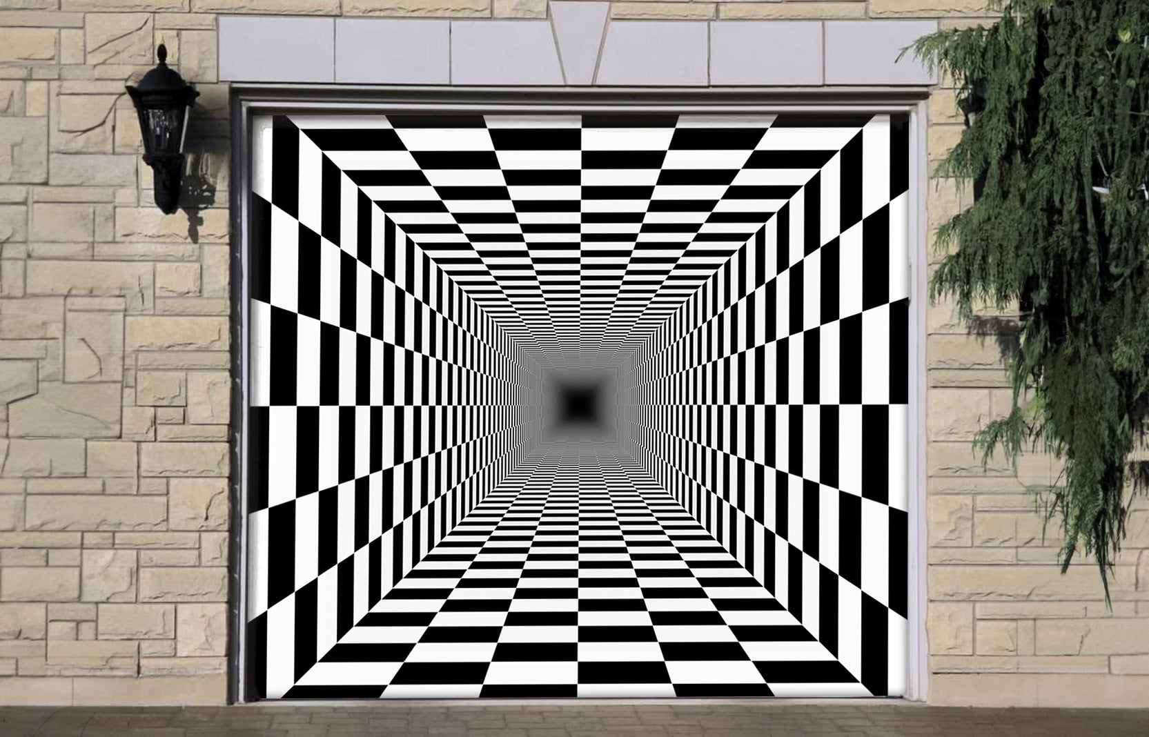 Endless Tunnel Checkerboard Pattern Black White Perspective Illusion G