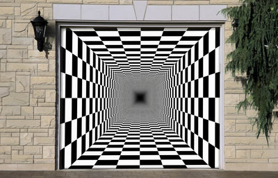 Endless Tunnel Checkerboard Pattern Black White Perspective Illusion Garage Door Cover Wrap