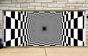 Vinilo para puerta de garaje con ilusión óptica de perspectiva en blanco y negro con patrón de tablero de ajedrez sin fin