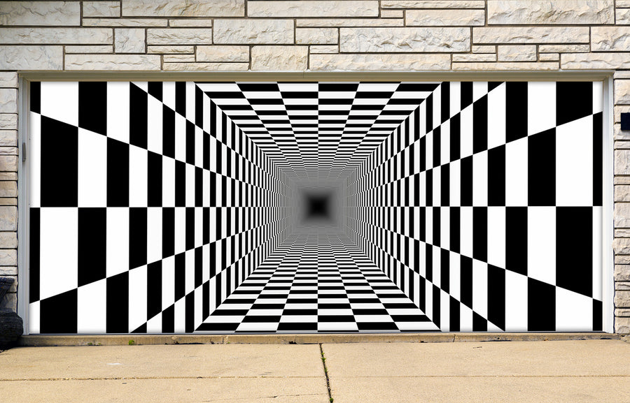 Vinilo para puerta de garaje con ilusión óptica de perspectiva en blanco y negro con patrón de tablero de ajedrez sin fin