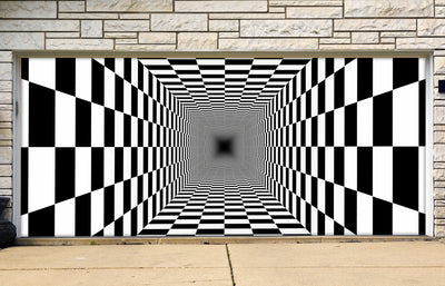 Endless Tunnel Checkerboard Pattern Black White Perspective Illusion Garage Door Cover Wrap
