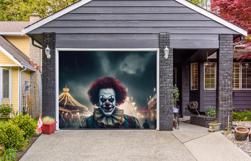 Evil Clown Scary Spooky Clown Monster from Horror Movie with Vintage Circus Garage Door Cover Banner Backdrop