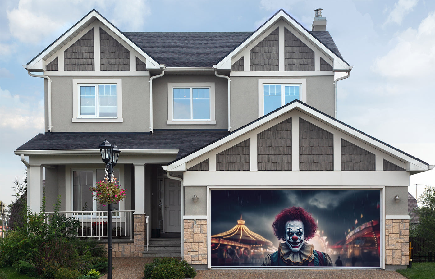 Evil Clown Scary Spooky Clown Monster from Horror Movie with Vintage Circus Garage Door Cover Banner Backdrop