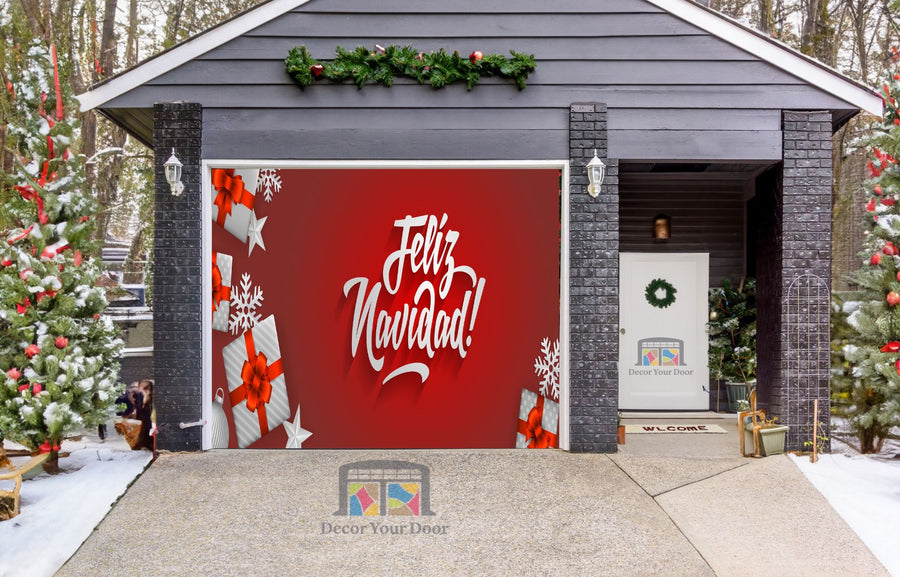 Feliz Navidad - Feliz Navidad en rojo con copos de nieve Decoración de la cubierta de la puerta del garaje