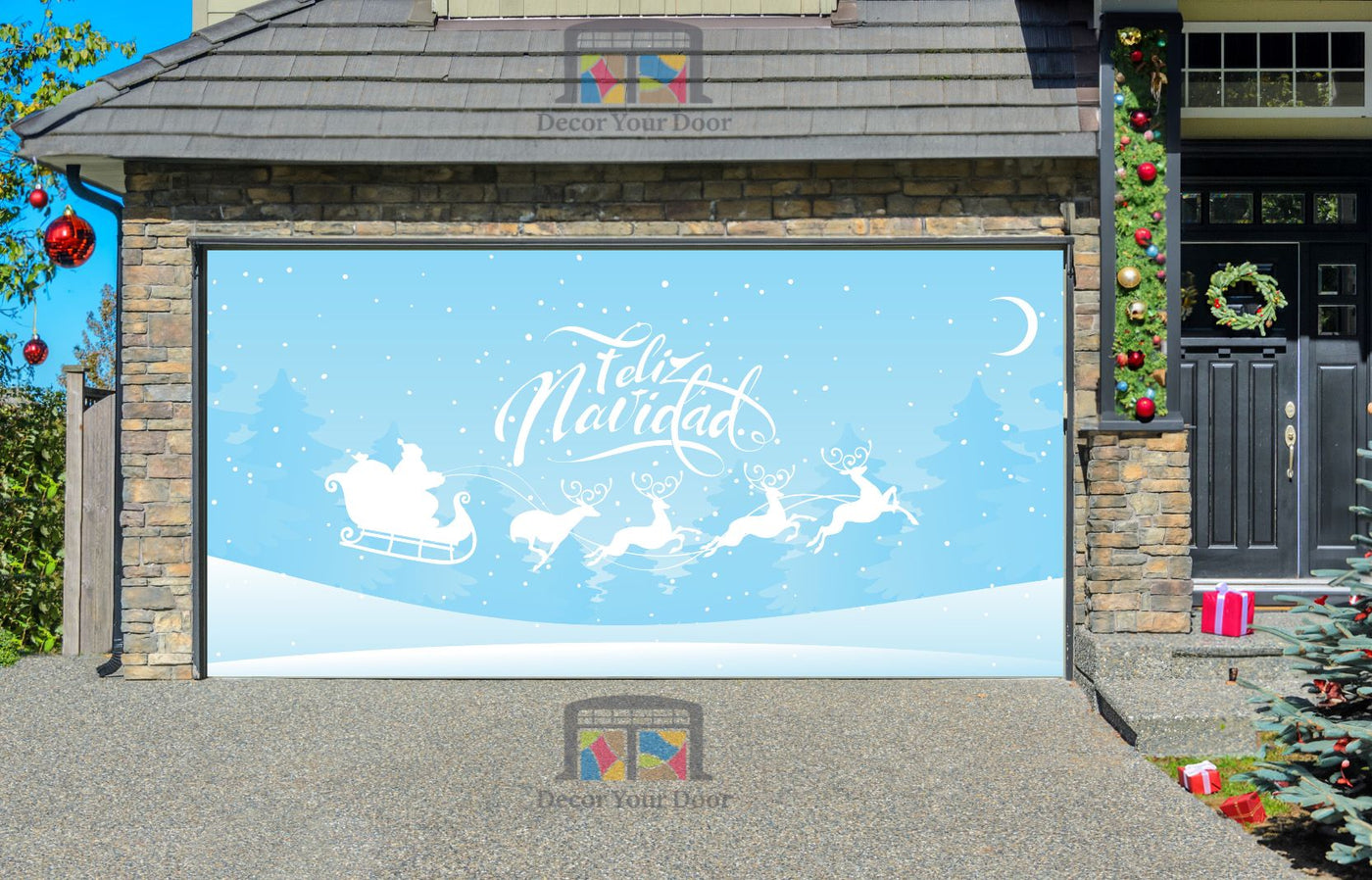 Feliz Navidad Merry christmas White Lettering  With Santa Sleigh Deer Decoración de la cubierta de la puerta del garaje