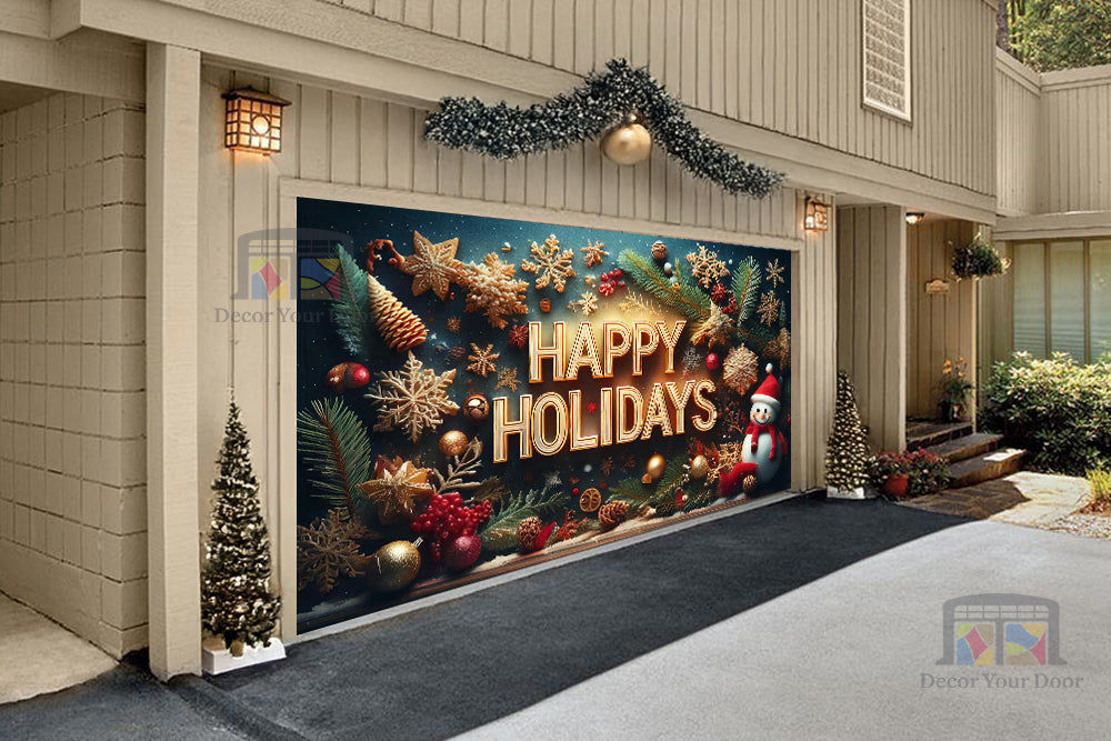 Festive Happy Holidays Wishes Garage Door Cover Banner Decoration - Decor Your Door