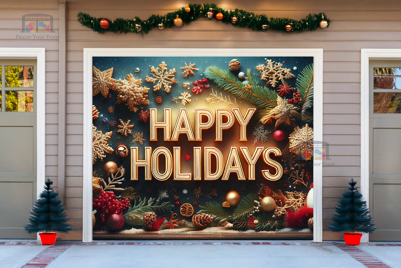 Festive Happy Holidays Wishes Garage Door Cover Banner Decoration - Decor Your Door