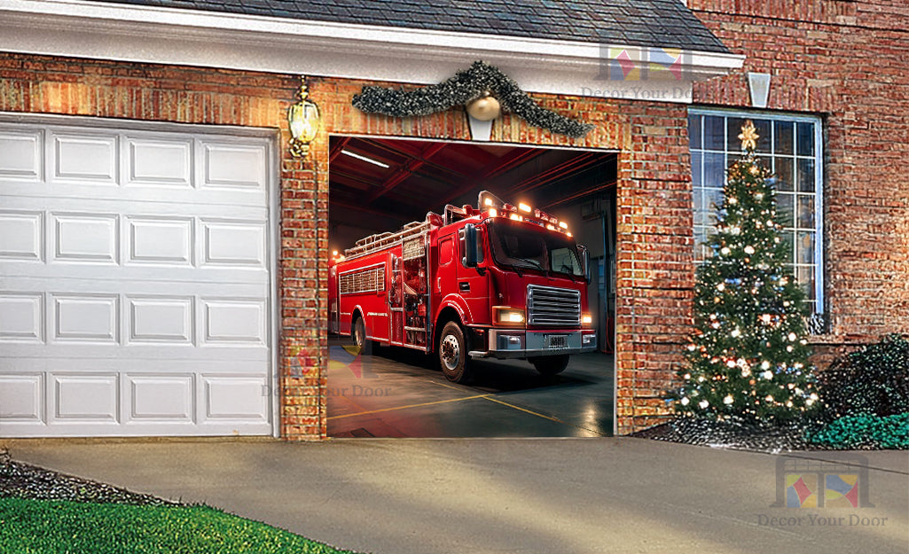 Fire Truck Garage Scene Garage Door Cover Banner Decoration - Decor Your Door