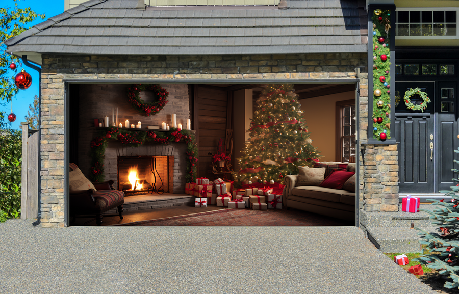 Fireplace Decorated with Christmas Decorations and Christmas Tree in Living Room Garage Door Cover Wrap Backdrop Decoration