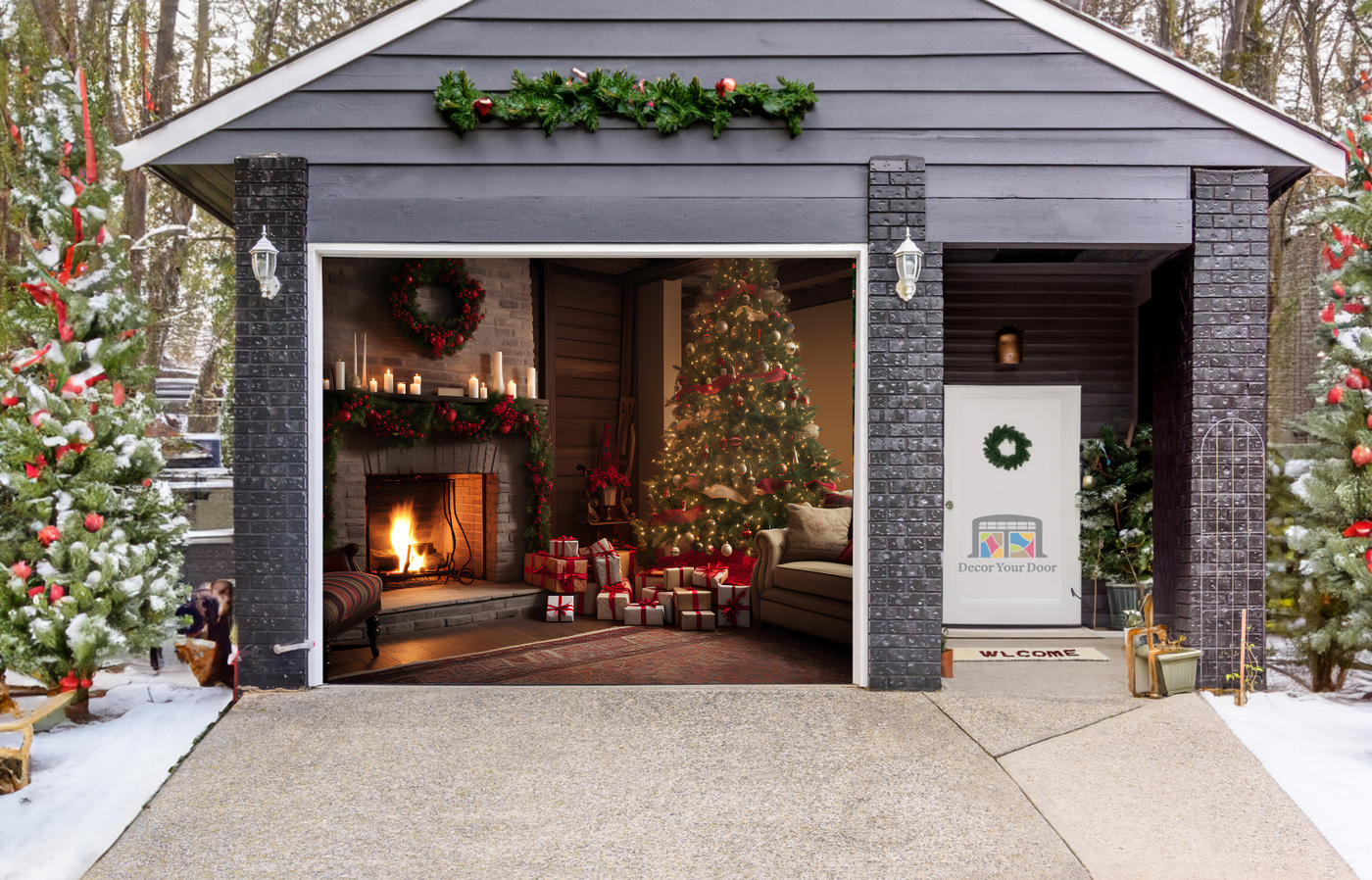 Fireplace Decorated with Christmas Decorations and Christmas Tree in Living Room Garage Door Cover Wrap Backdrop Decoration