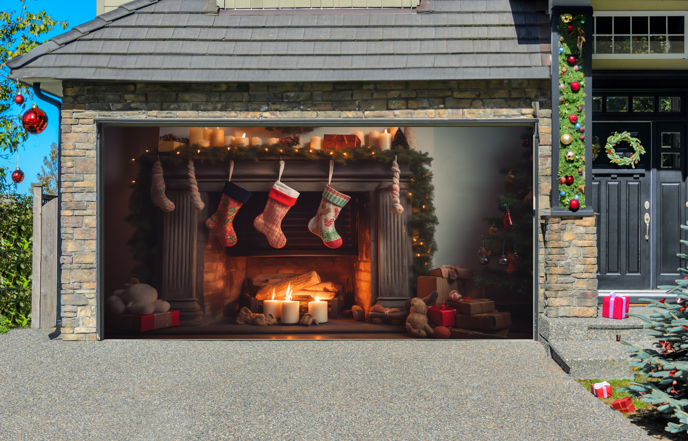 Fireplace with Christmas Decorations Garage Door Cover Wrap Backdrop D