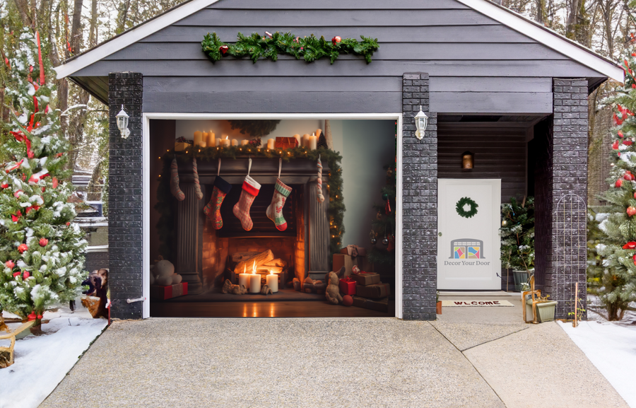Fireplace with Christmas Decorations Garage Door Cover Wrap Backdrop Decoration
