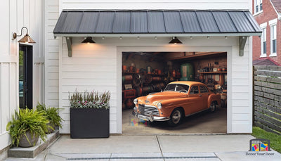 Ford Vintage Deluxe 1940 Parked in the Garage - Garage Door Cover Banner Wrap