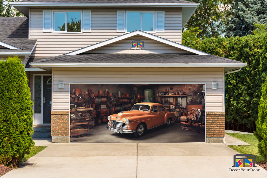 Ford Vintage Deluxe 1940 estacionado en el garaje - Lona publicitaria para puerta de garaje