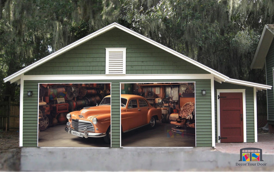 Ford Vintage Deluxe 1940 estacionado en el garaje - Lona publicitaria para puerta de garaje