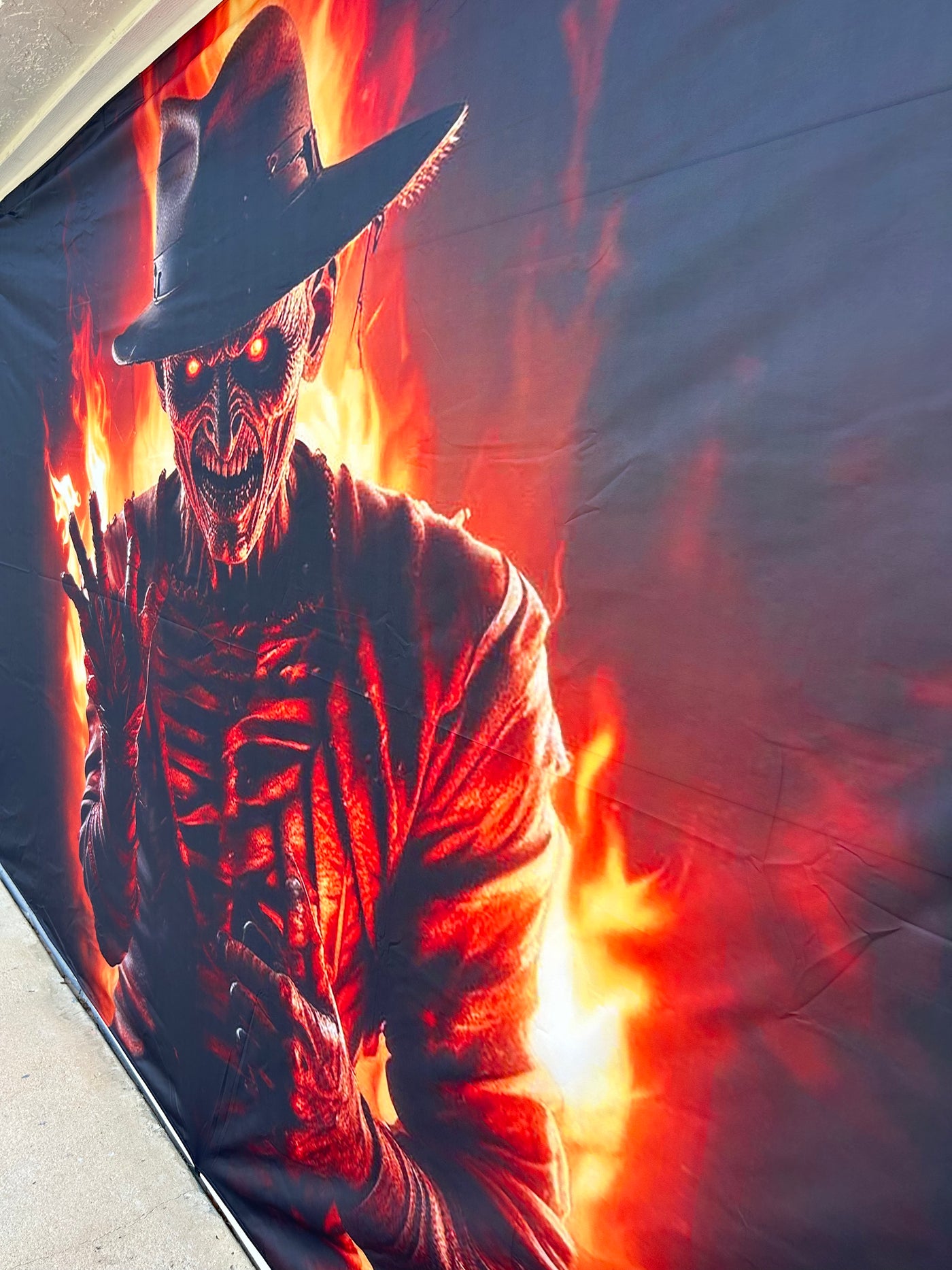 Freddy Krueger Nightmarish Flames in the Background Garage Door Cover Banner Wrap - Decor Your Door