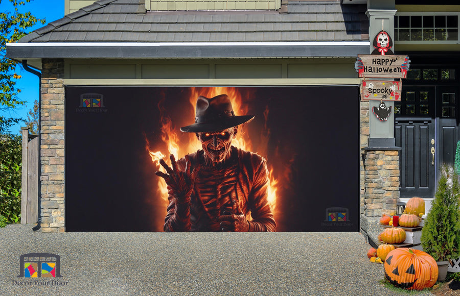 Vinilo decorativo para puerta de garaje con llamas terroríficas de Freddy Krueger de fondo - Decora tu puerta