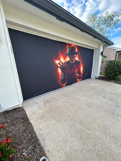 Freddy Krueger Nightmarish Flames in the Background Garage Door Cover Banner Wrap - Decor Your Door