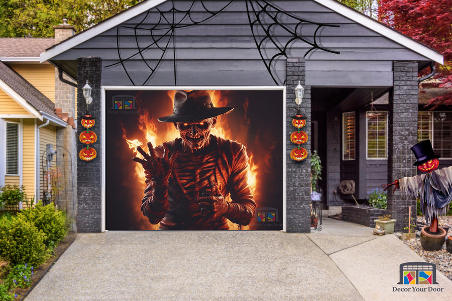 Vinilo decorativo para puerta de garaje con llamas terroríficas de Freddy Krueger de fondo - Decora tu puerta
