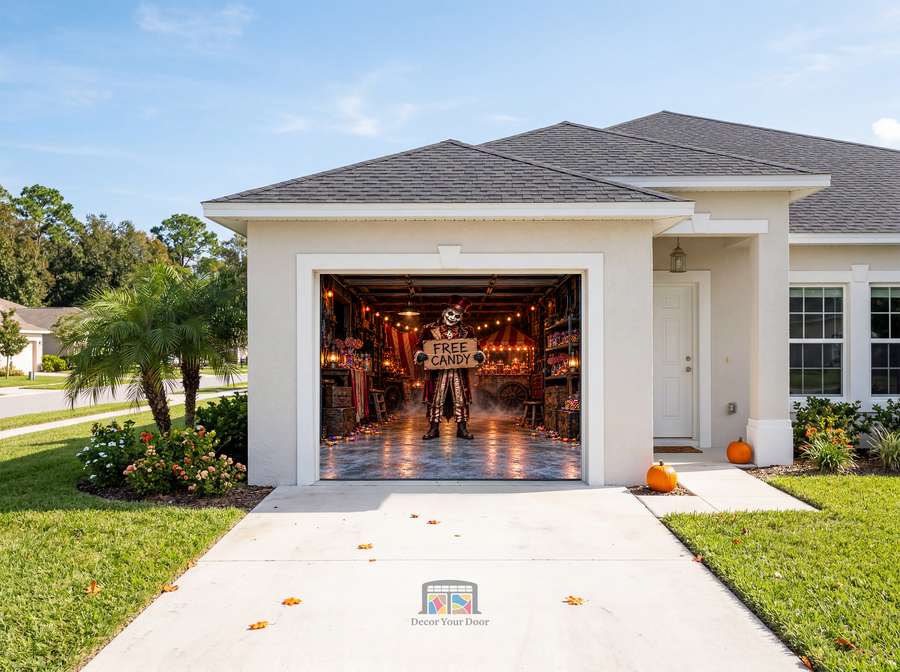 Alternate view of Free Candy Garage Trap Halloween Garage Door Cover