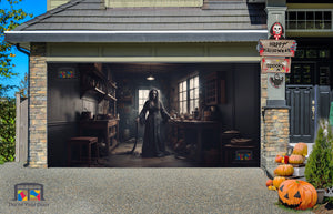 Pancarta decorativa para puerta de garaje con fantasma de bruja aterradora mirando fijamente en la habitación - Decora tu puerta