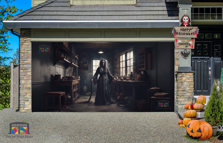 Pancarta decorativa para puerta de garaje con fantasma de bruja aterradora mirando fijamente en la habitación - Decora tu puerta