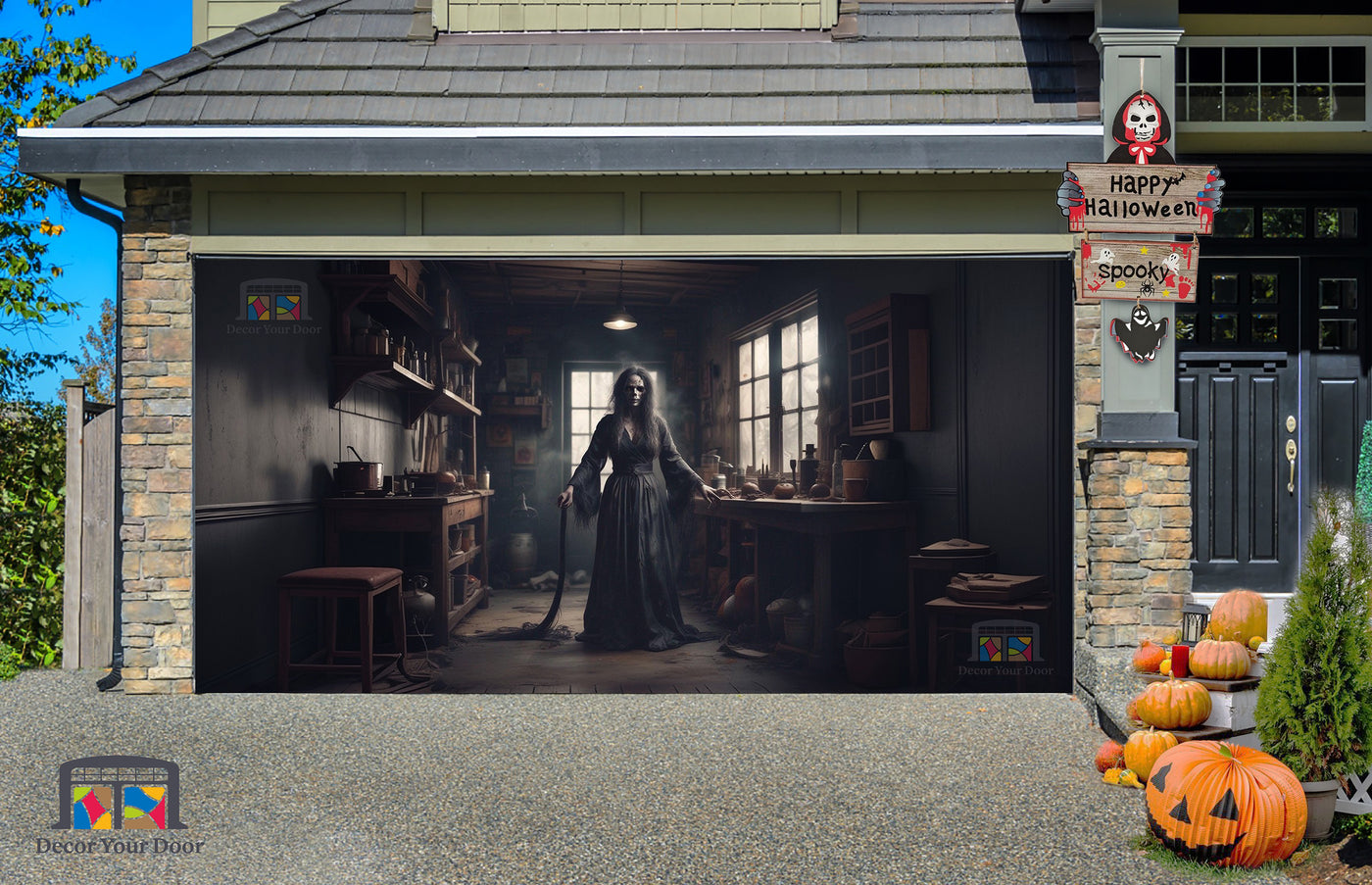 Frightening Witch Ghost Staring in the Room Garage Door Cover Banner Wrap - Decor Your Door