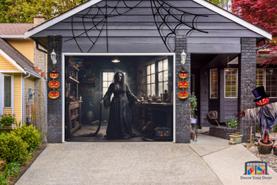 Frightening Witch Ghost Staring in the Room Garage Door Cover Banner Wrap - Decor Your Door