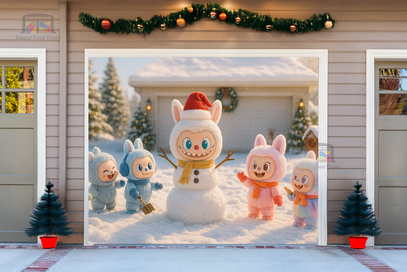 Frosty Fun with Labubu Holiday Garage Door Cover Wrap