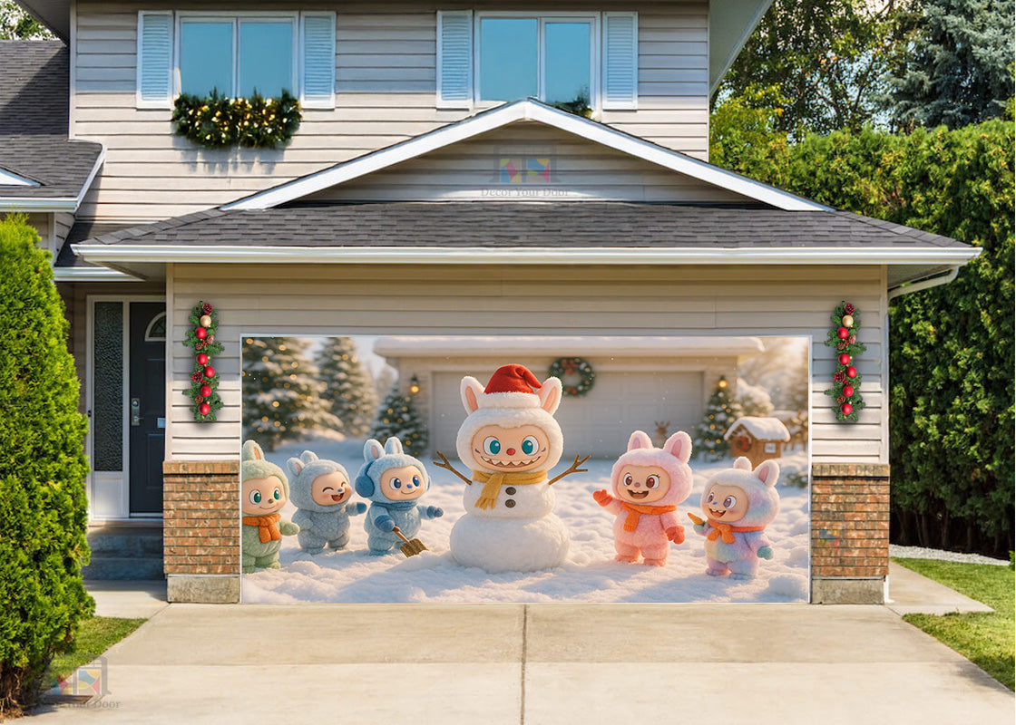 Frosty Fun with Labubu Holiday Garage Door Cover Wrap