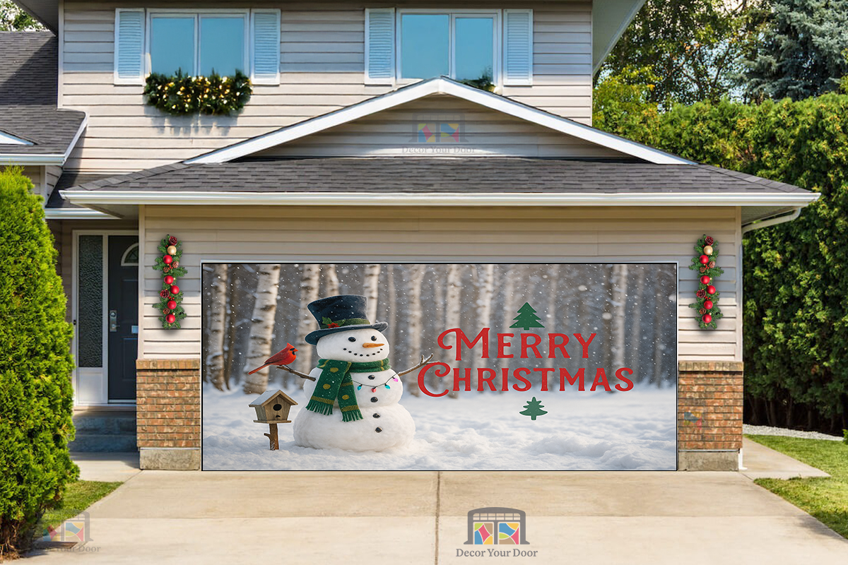 Muñeco de nieve navideño del bosque helado – Cubierta para puerta de garaje navideña