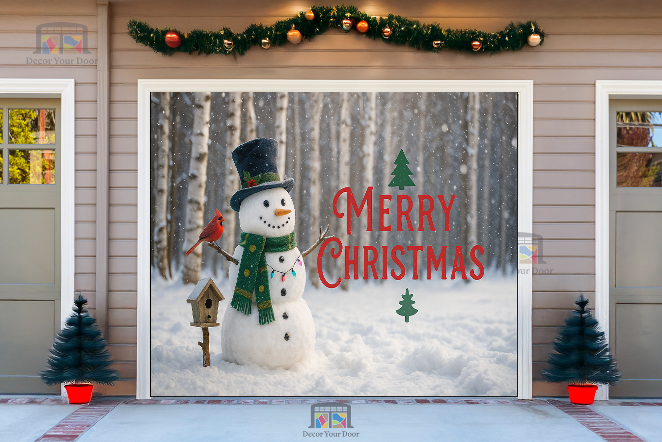 Muñeco de nieve navideño del bosque helado – Cubierta para puerta de garaje navideña