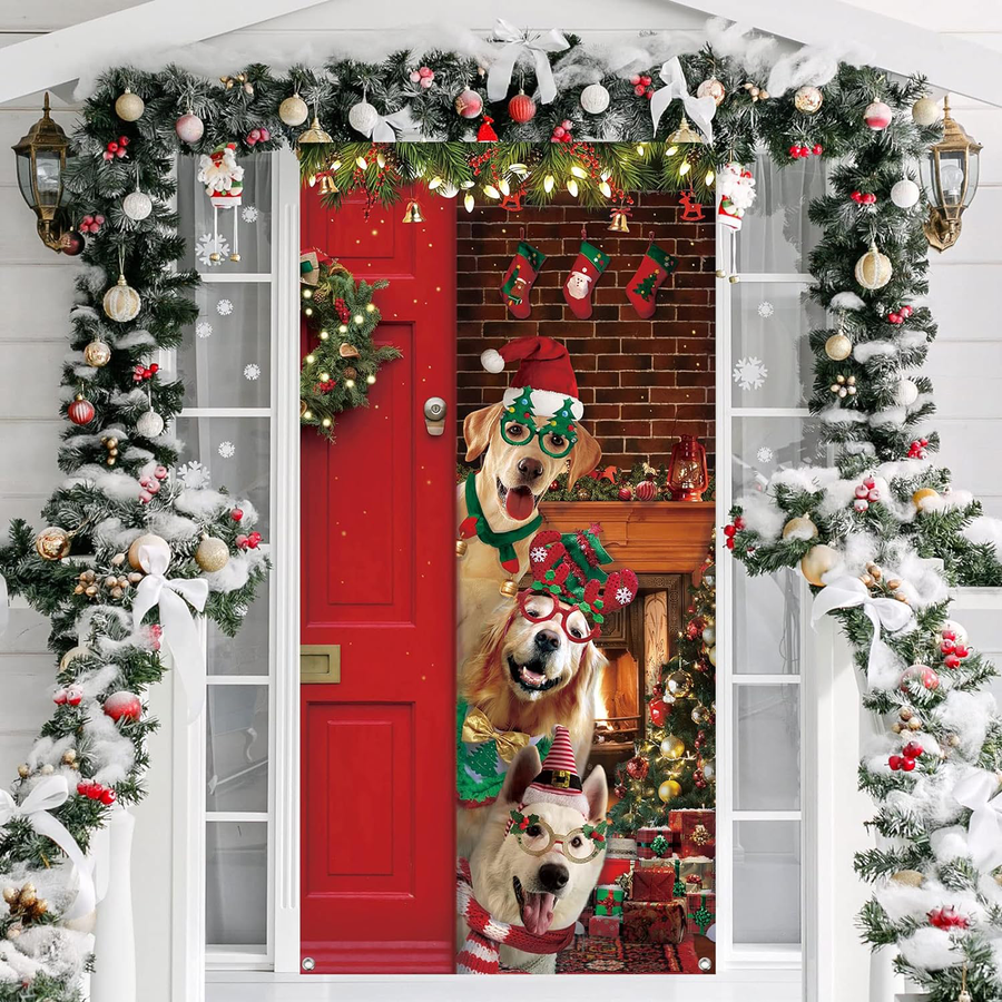 Funny Merry Christmas Cute Santa Dog Front Door Wrap Cover Holiday Decor
