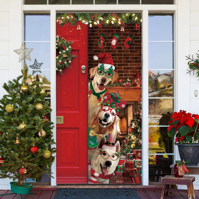 Funny Merry Christmas Cute Santa Dog Front Door Wrap Cover Holiday Decor