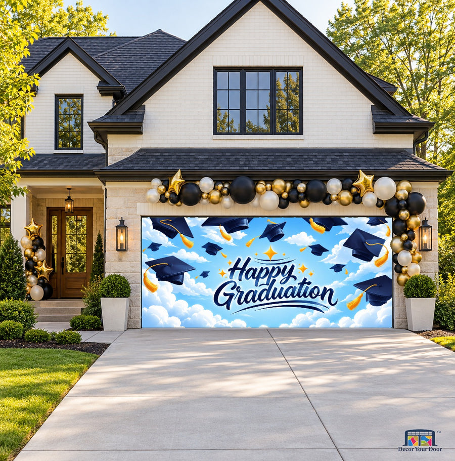 Sky High Graduation Garage Door Cover — two-car front house view