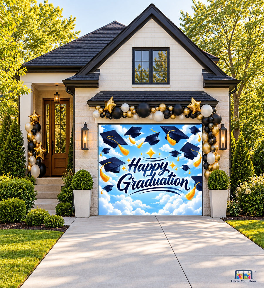 Sky High Graduation Garage Door Cover — one-car front house view
