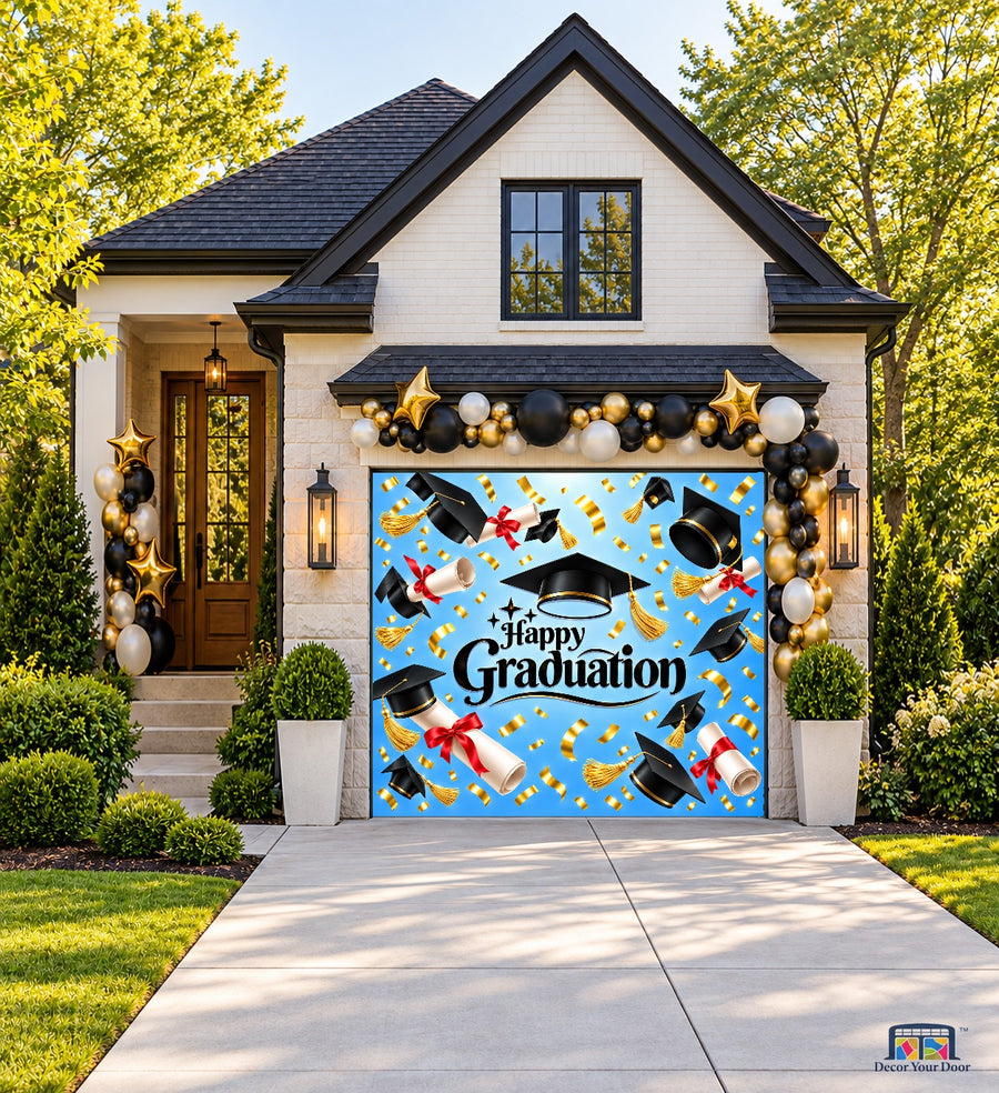 Diplomas and Dreams Graduation Garage Door Cover — one-car front house view