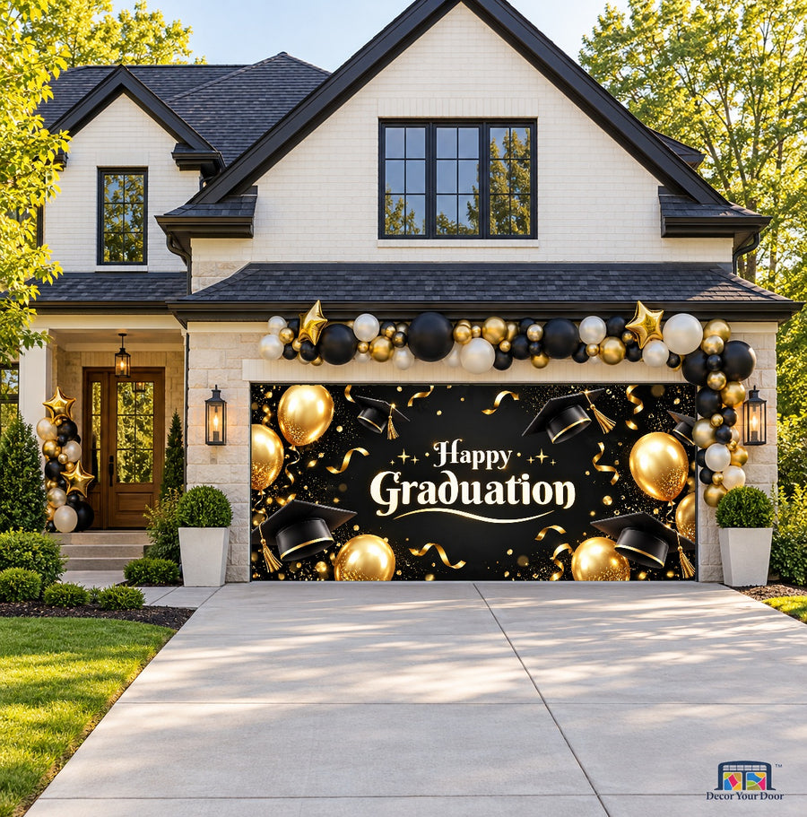 Black and Gold Graduation Garage Door Cover — two-car front house view