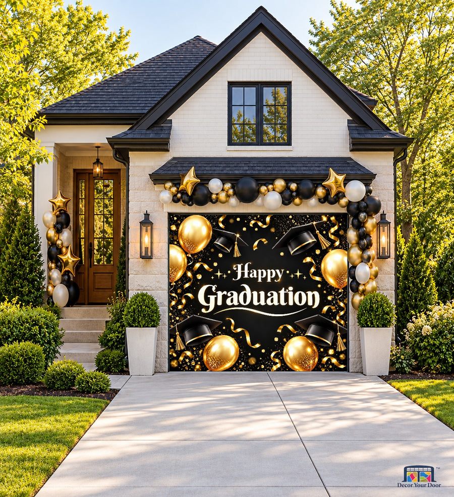Black and Gold Graduation Garage Door Cover — one-car front house view
