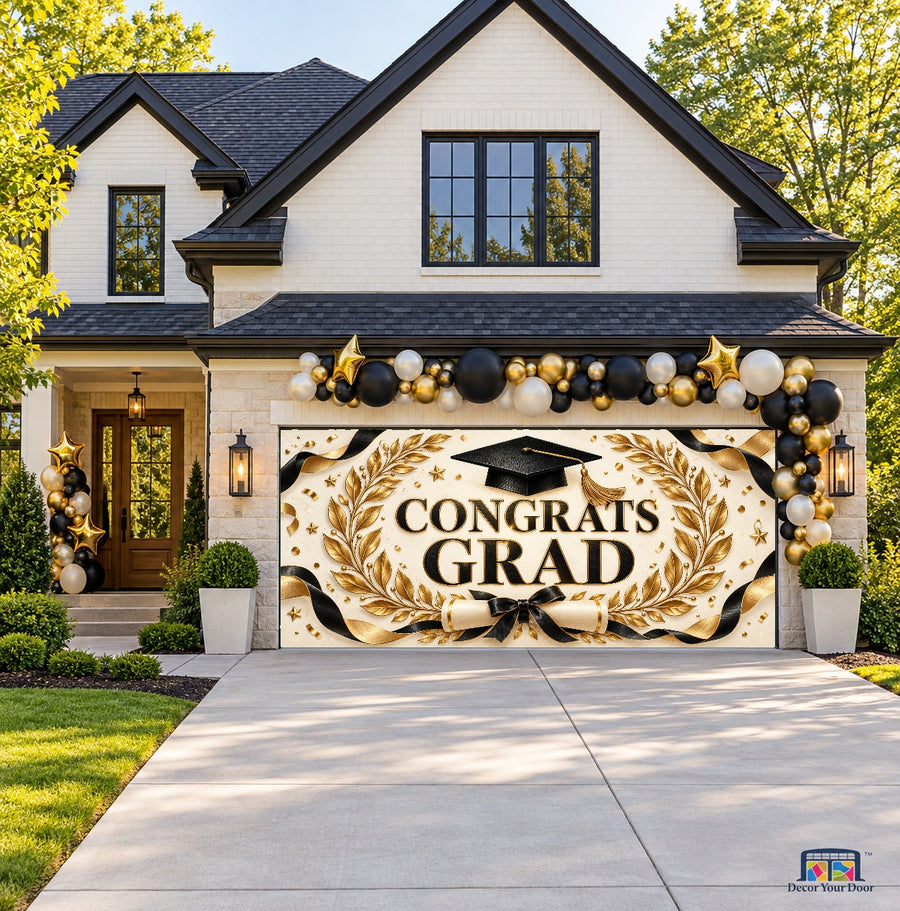Golden Laurel Honors Graduation Garage Door Cover — two-car front house view