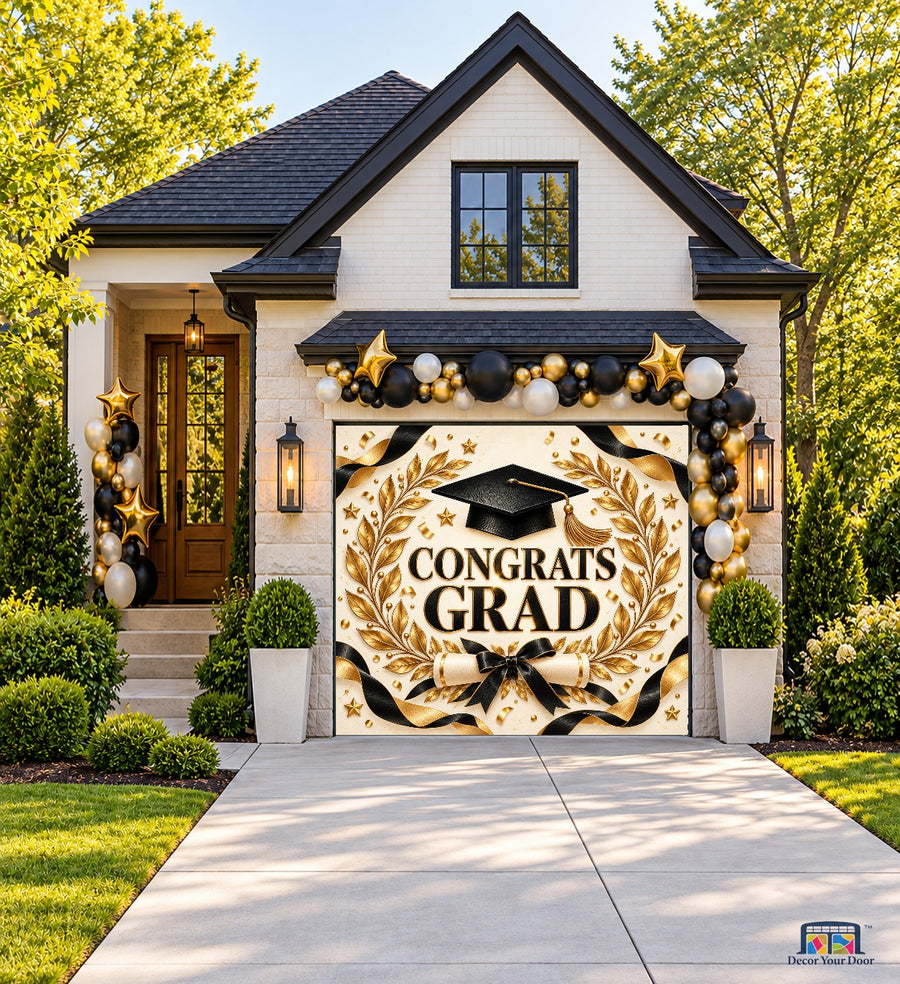 Golden Laurel Honors Graduation Garage Door Cover — one-car front house view