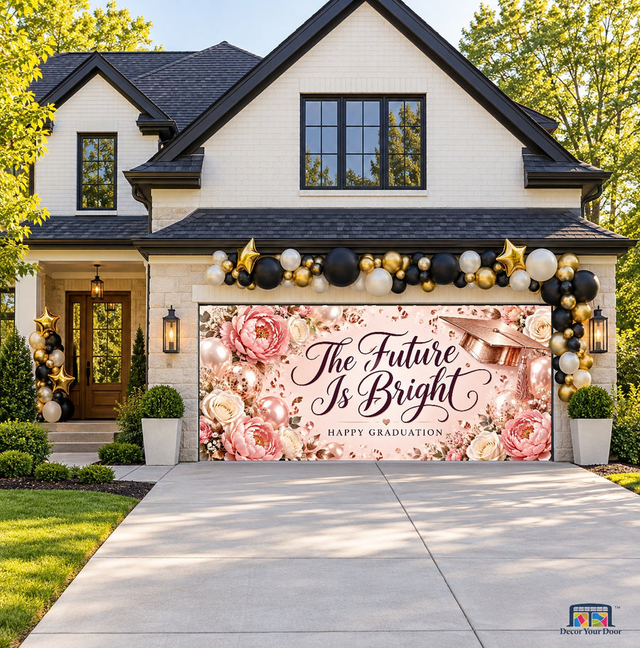 Rose Gold Bright Future Graduation Garage Door Cover — two-car front house view