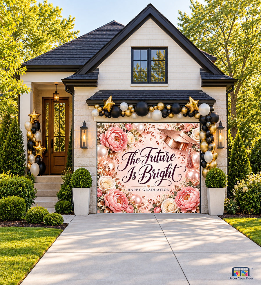 Rose Gold Bright Future Graduation Garage Door Cover — one-car front house view