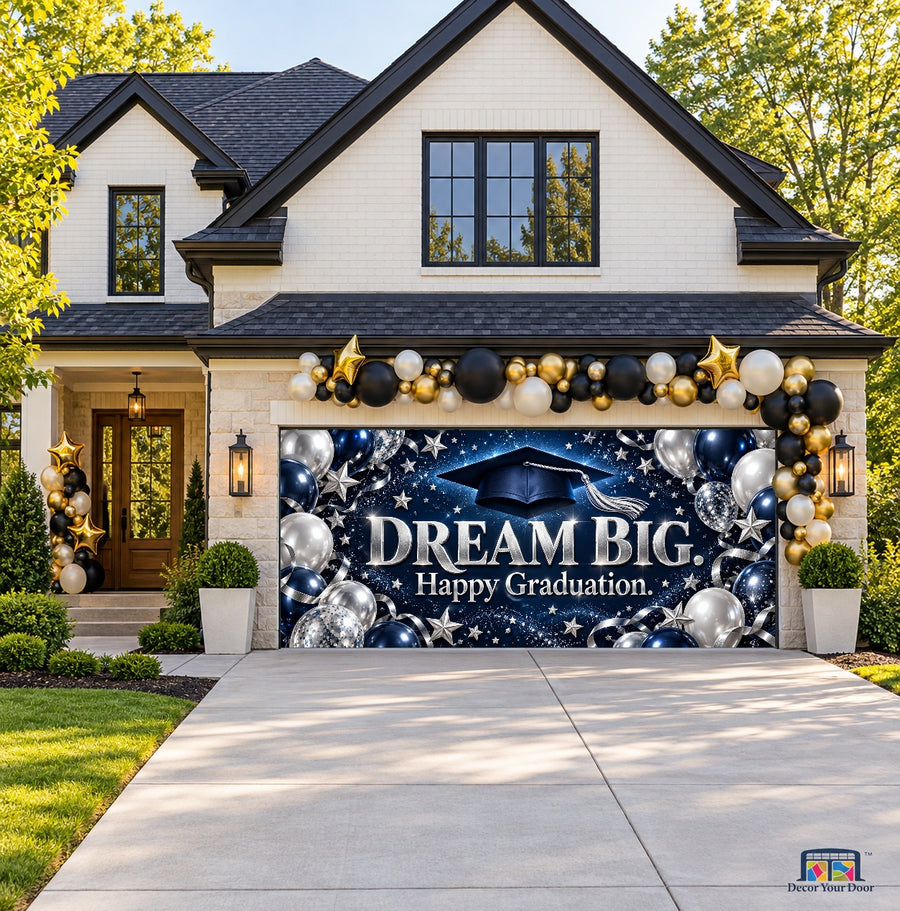 Dream Big Graduation Garage Door Cover — two-car front house view