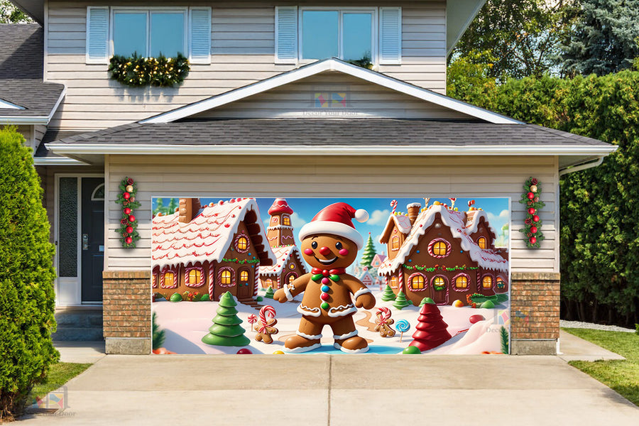 Giant Gingerbread Village Scene Garage Door Cover Banner Decoration - Decor Your Door